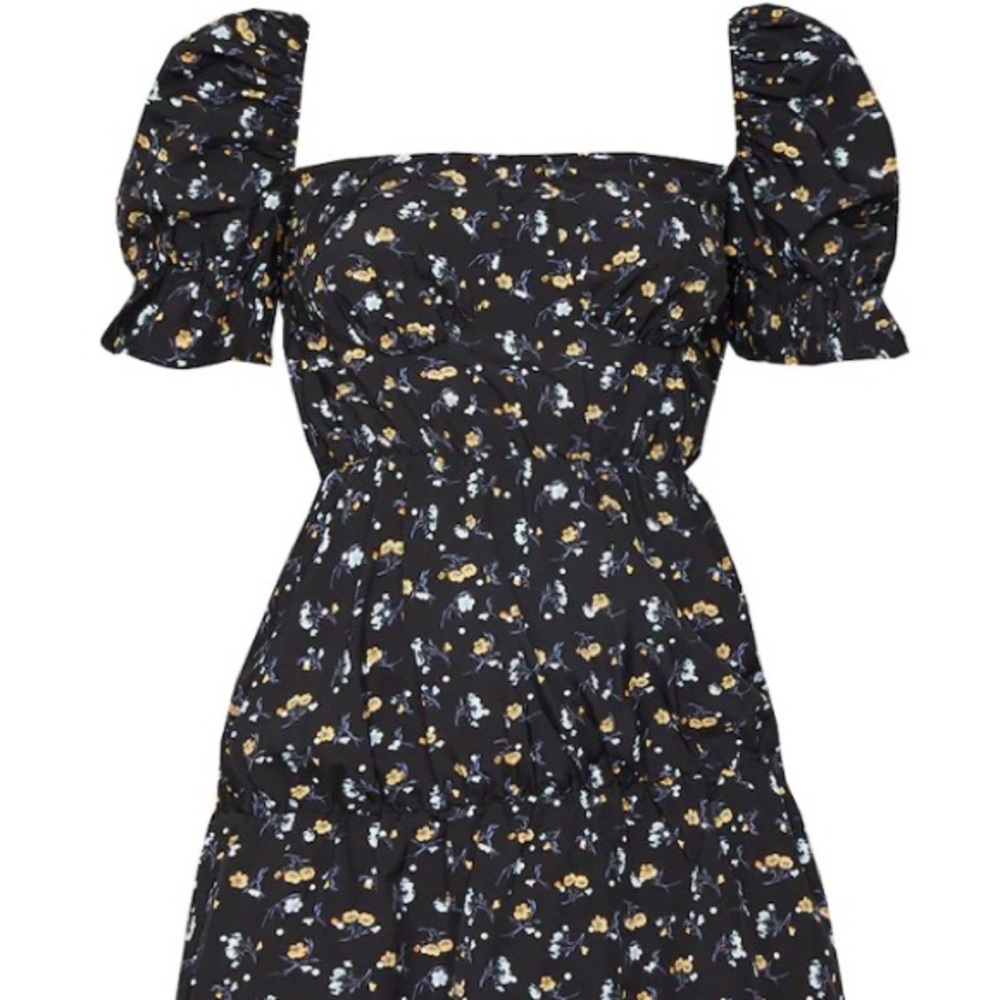 Black Floral Print Short Puff Sleeve Shift Dress